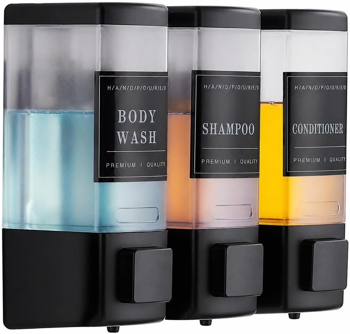 Shampoo and Conditioner Dispenser for Shower, 3 Chamber, Black | Wall Mounted, No Drill, 3×16.9oz, ABS Plastic Material, Refillable With Labels, For Bathroom Hotel