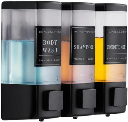 Shampoo and Conditioner Dispenser for Shower, 3 Chamber, Black | Wall Mounted, No Drill, 3×16.9oz, ABS Plastic Material, Refillable With Labels, For Bathroom Hotel