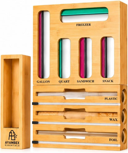 9-in-1 Bamboo Kitchen Drawer Organizer - Storage Bag Holder with Built-In Foil & Wrap Cutter Dispenser - Wooden Food Storage Bag Organizer for Gallon, Quart, Sandwich and Snack Sizes