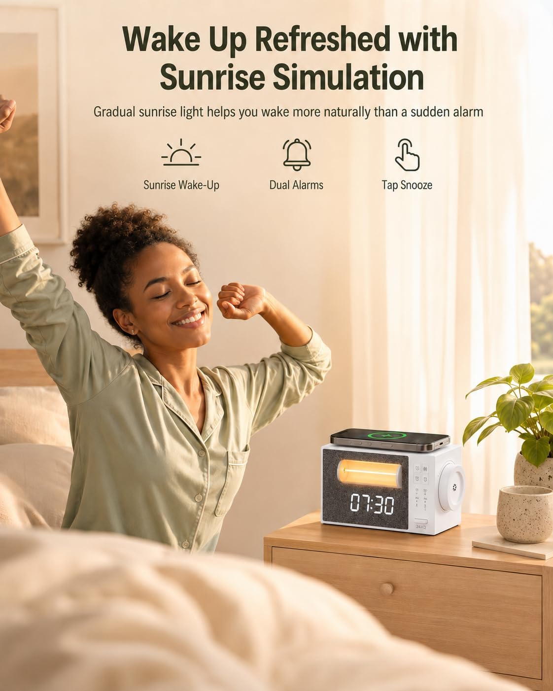 Sunrise Alarm Clock with Sound Machine, Wake Up Light & Wireless Charger