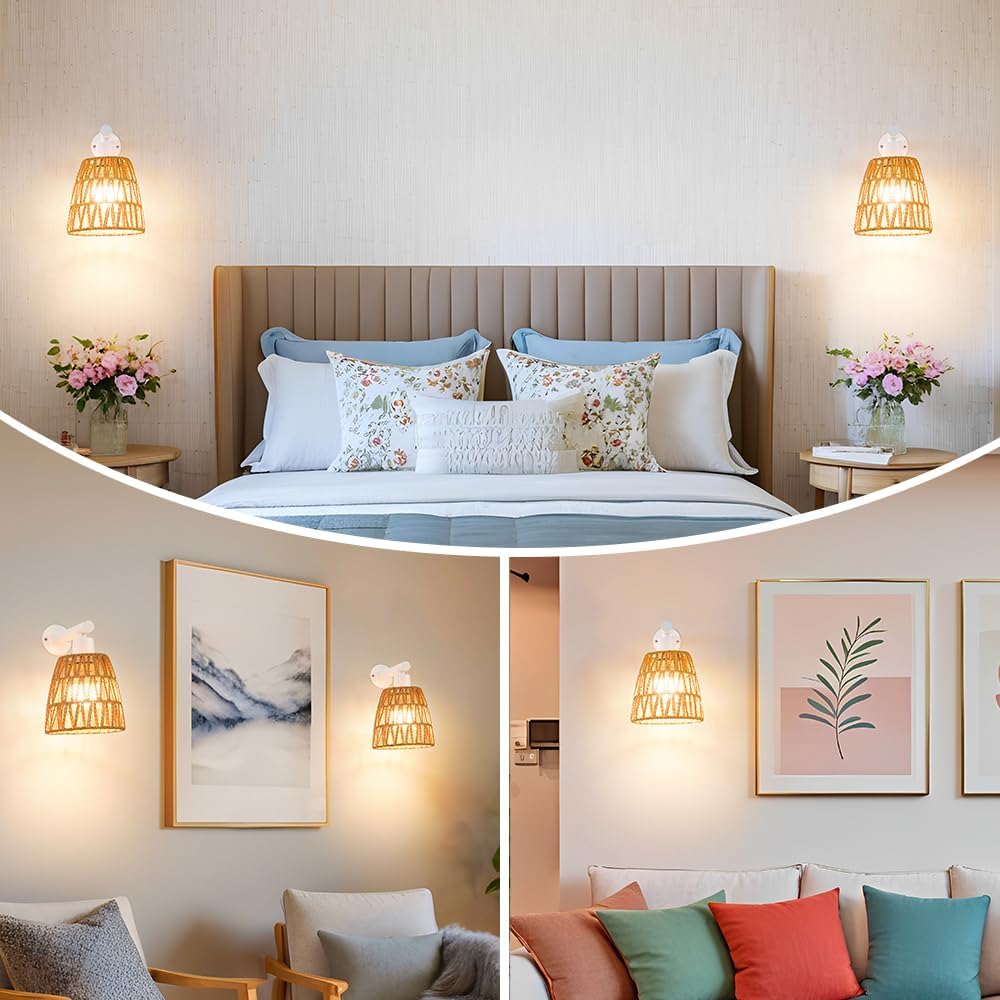 Boho Battery Operated Wall Sconces, Rattan Wall Sconce Set of 2 with Remote, RGB 15 Colors Dimmable Rechargeable Wall Light, Black Indoor Wireless Wall Lamp, Farmhouse Rattan Wall Lighting for Bedroom
