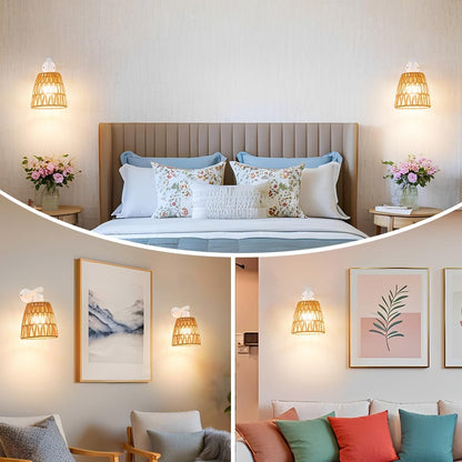 Boho Battery Operated Wall Sconces, Rattan Wall Sconce Set of 2 with Remote, RGB 15 Colors Dimmable Rechargeable Wall Light, Black Indoor Wireless Wall Lamp, Farmhouse Rattan Wall Lighting for Bedroom