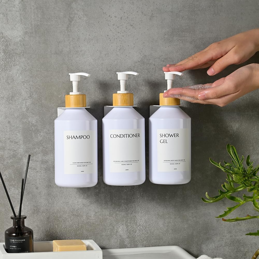 Shampoo and Conditioner Dispenser Set of 3 for Wall Mount | 16.9 fl oz Drill Free Shower Soap Bottles,Refillable Body Wash Dispensers for Bathroom Decor (Amber Bottles + Bamboo Pumps)