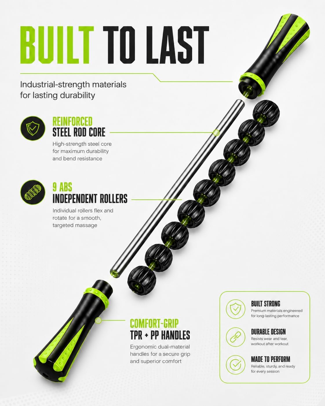 Massage Roller Stick for Muscles Deep Tissue, Portable Muscle Roller with 9 Independent ABS Rollers, 81 Contact Points, Dual-Grip Handles for Gym & Home Use