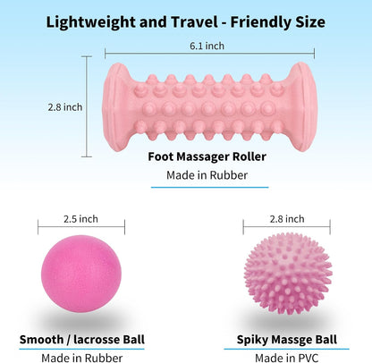 Foot Massager Roller Set for Plantar Fasciitis, Arch and Heel Pain Relief | Includes Foot Roller, lacrosse and spiky massage balls for deep tissue trigger point muscle therapy and neuropathy relief