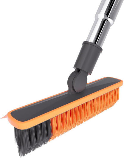 2 in 1 Floor Brush Scrubber with Long Handle Grout Brush 3 Poles 53.5'' New Upgrade Stiff Bristle Cleaning Scrub Brush with Squeegee 120°Rotating Tile Brush for Cleaning Bathroom Glass Patio Kitchen
