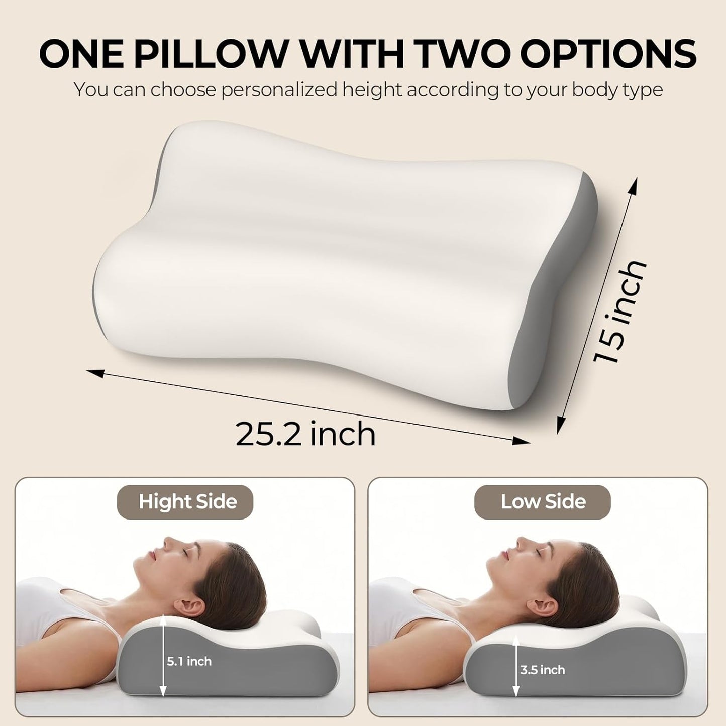 Polovo Cervical Neck Pillow for Pain Relief - Ergonomic Side Sleeper Pillow for Deep Sleep, Contour Memory Foam Pillows for Sleeping Bed Pillow for Side Back Stomach Sleepers(Grey)