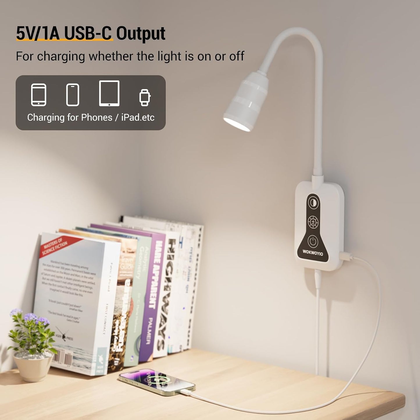 Wall Mounted Reading Light for Bed, Headboard Light with 360° Flexible Arm, Hand Wave Sensor, Focused 60° Beam, 5 Color Temperatures, Stepless Dimming, Memory Function, USB-C Output, Black 1 Pack