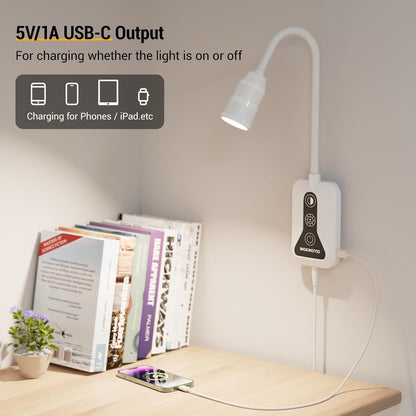Wall Mounted Reading Light for Bed, Headboard Light with 360° Flexible Arm, Hand Wave Sensor, Focused 60° Beam, 5 Color Temperatures, Stepless Dimming, Memory Function, USB-C Output, Black 1 Pack