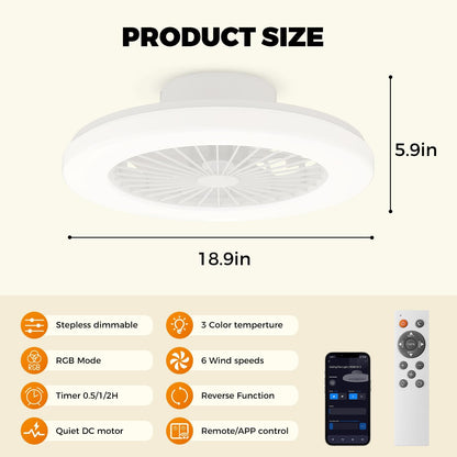 18.9" RGB Flush Mount Ceiling Fan with Light, 6 Speeds 3 Colors | Indoor Ceiling Fan · RGB+3CCT Dimmable · App/Remote Control · Quiet DC · 6-Speed Reversible · Flush Mount 18.9" · Kids Room