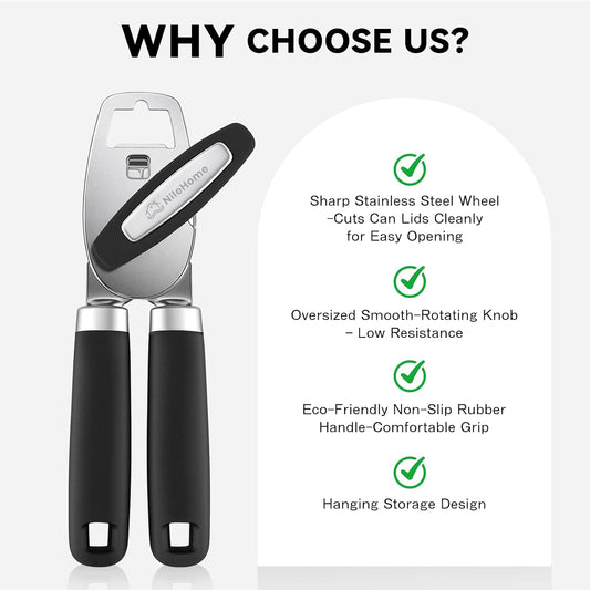 NileHome Smooth Edge Manual Can Opener, Sharp Steel Wheel Senior Friendly | Easy Turn Knob, Soft Grip Cushioned Handles, Heavy Duty, Commercial & Household Use, Manual Design