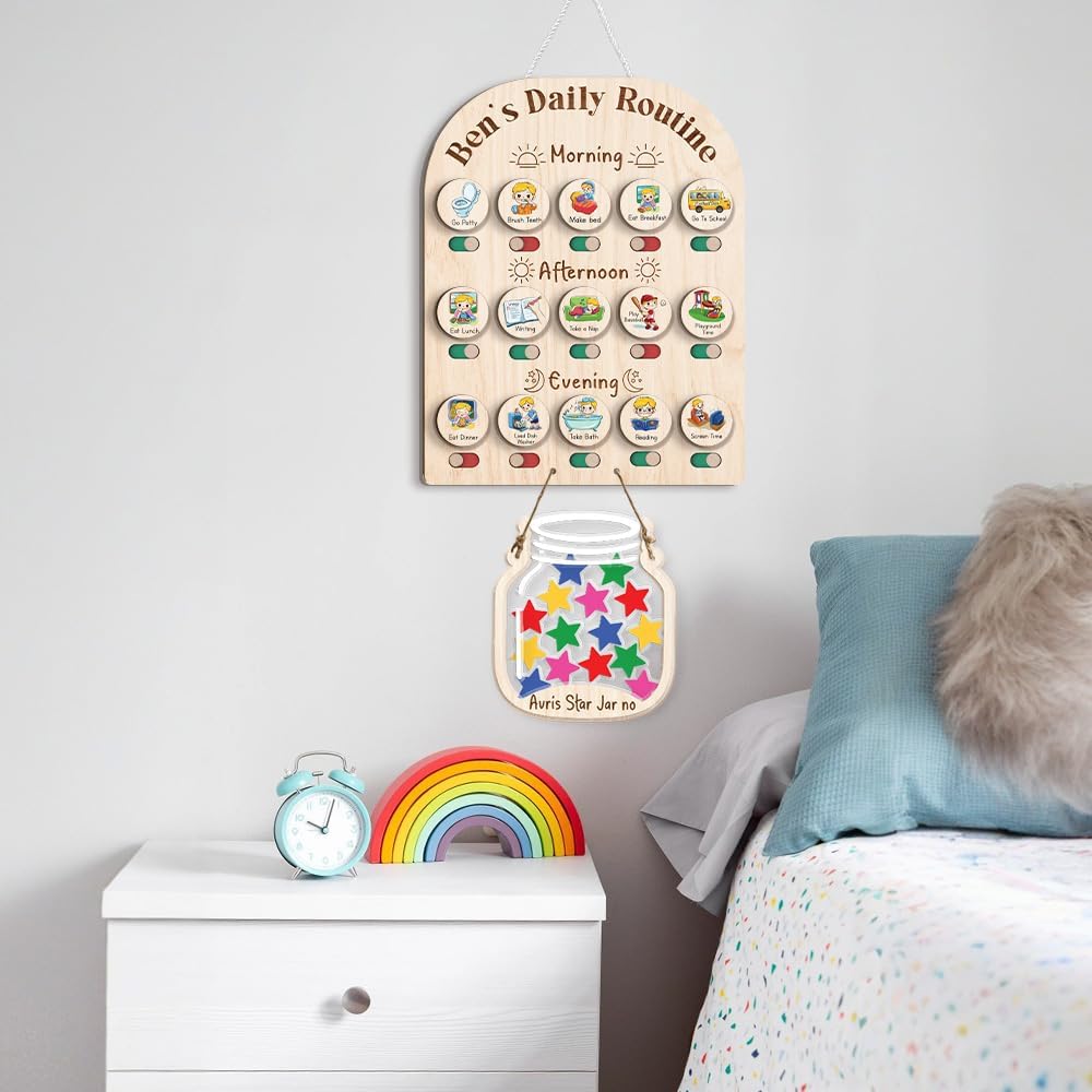Daily Routine Chart for Kids, Visual Schedule, Routine Chart for Toddlers 3-5, Morning Bedtime Routine Chart for Toddlers, Wooden Chore Chart for Kids