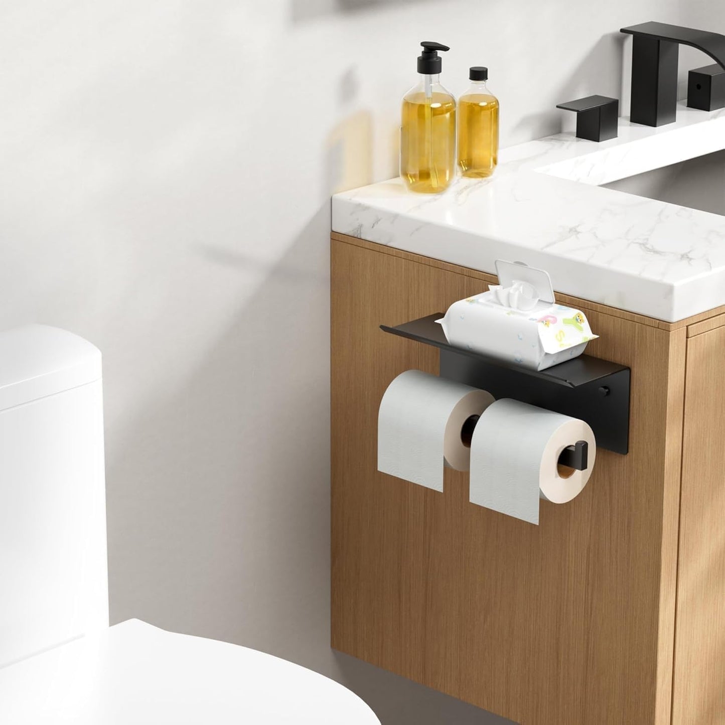 FORIOUS Toilet Paper Holder with Shelf, Commercial Toilet Paper Dispenser | Brushed Nickel | SUS304 Stainless Steel Wall Mount Double Bathroom Tissue Roll Holder for Hotel, Apartments, etc