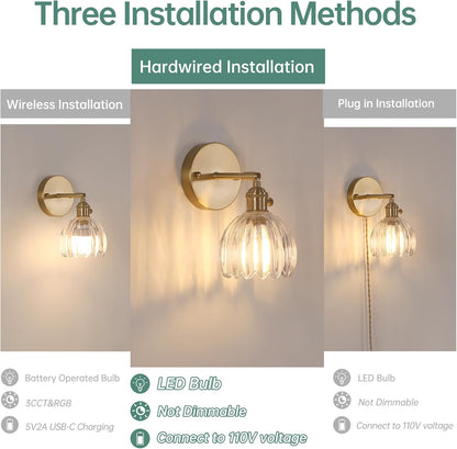 Shenmoyl Vintage Battery Operated Wall Sconce with Green Tulip Glass Lampshade Rechargeable Battery Powered Wall Light with Remote Control for Bedside Bedroom Doorway