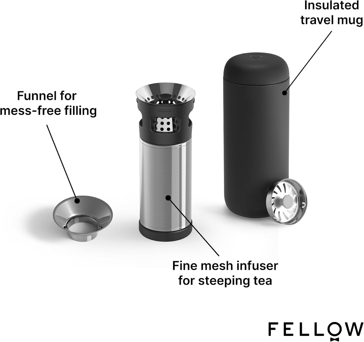 Fellow Carter Tea Infuser for Loose Leaf Tea and Cold Brew - Fine Mesh | Stainless Steel Tea Steeper, Dishwasher Safe, Snaps Into Carter Mug 16 oz, Drip Tray Included, Tea Diffuser for Mugs