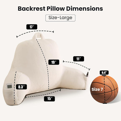 Reading Pillow with Arms for Sitting in Bed,Backrest,White Flannel,M | 17" Backrest Supports Back for College Students,Elbows & Forearms for Dorm Reading,Gaming,Watching TV
