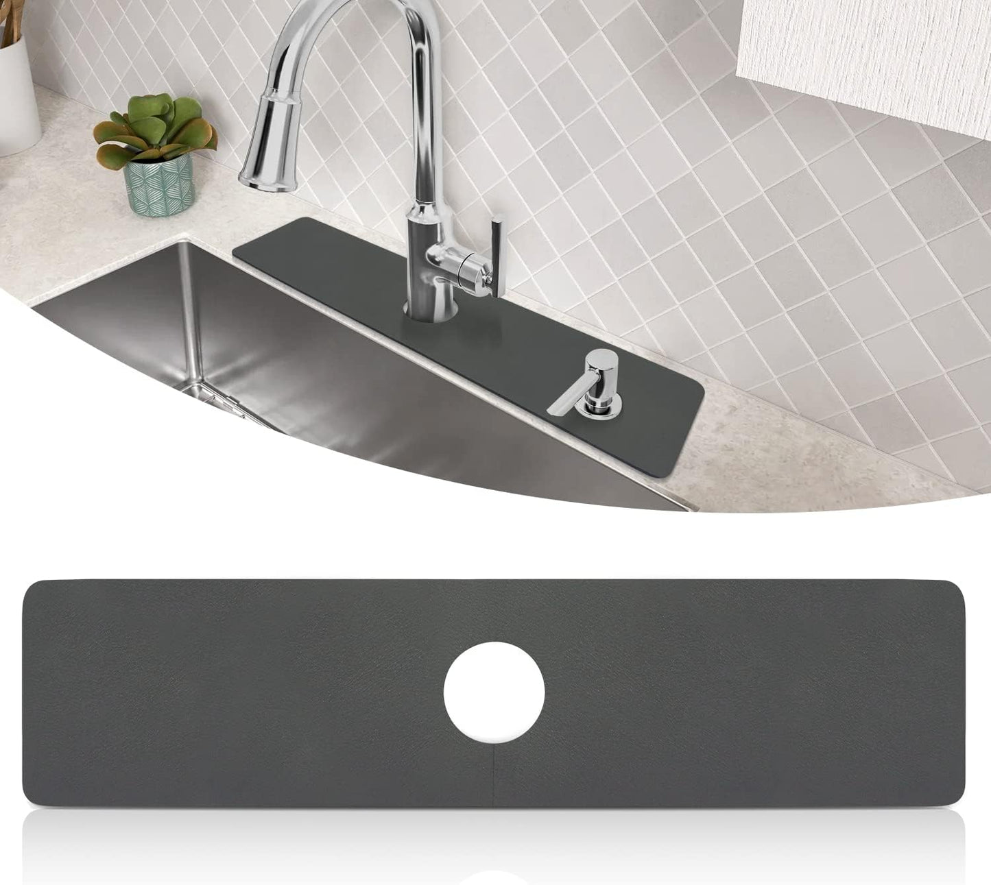 LOPNUR Cuttable Faucet Mat for Kitchen Sink, Extra Long 29 Inch, Black | Super Absorbent & Fast Dry Diatomite Sink Splash Guard, 0.8-2.4 Inch Adjustable Faucet Hole, Cut to Fit Bathroom & RV Sinks