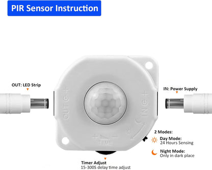 JOYLIT Dotless Motion Sensor COB LED Strip Kit 16.4FT 6000K Indoor | Dual Day/Night Modes, 0-300S Auto-off Delay, 320 LEDs/M Cool White, Includes 12V Adapter, PIR Sensor, Extension Cord