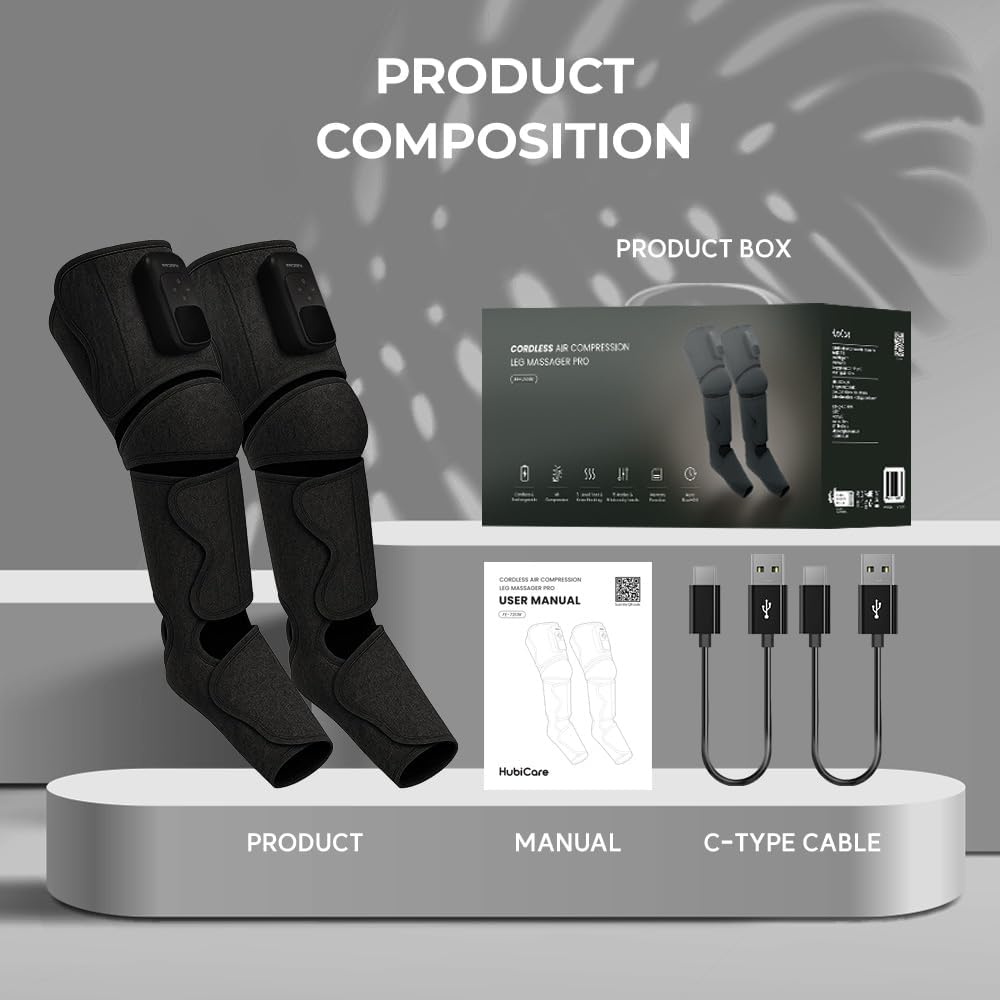HubiCare Cordless Leg Massager with Heat and Air Compression for Circulation and Pain Relief, 5 Modes with 5 Intensities, Reduce Swelling, Muscles Relaxation Device (Black)