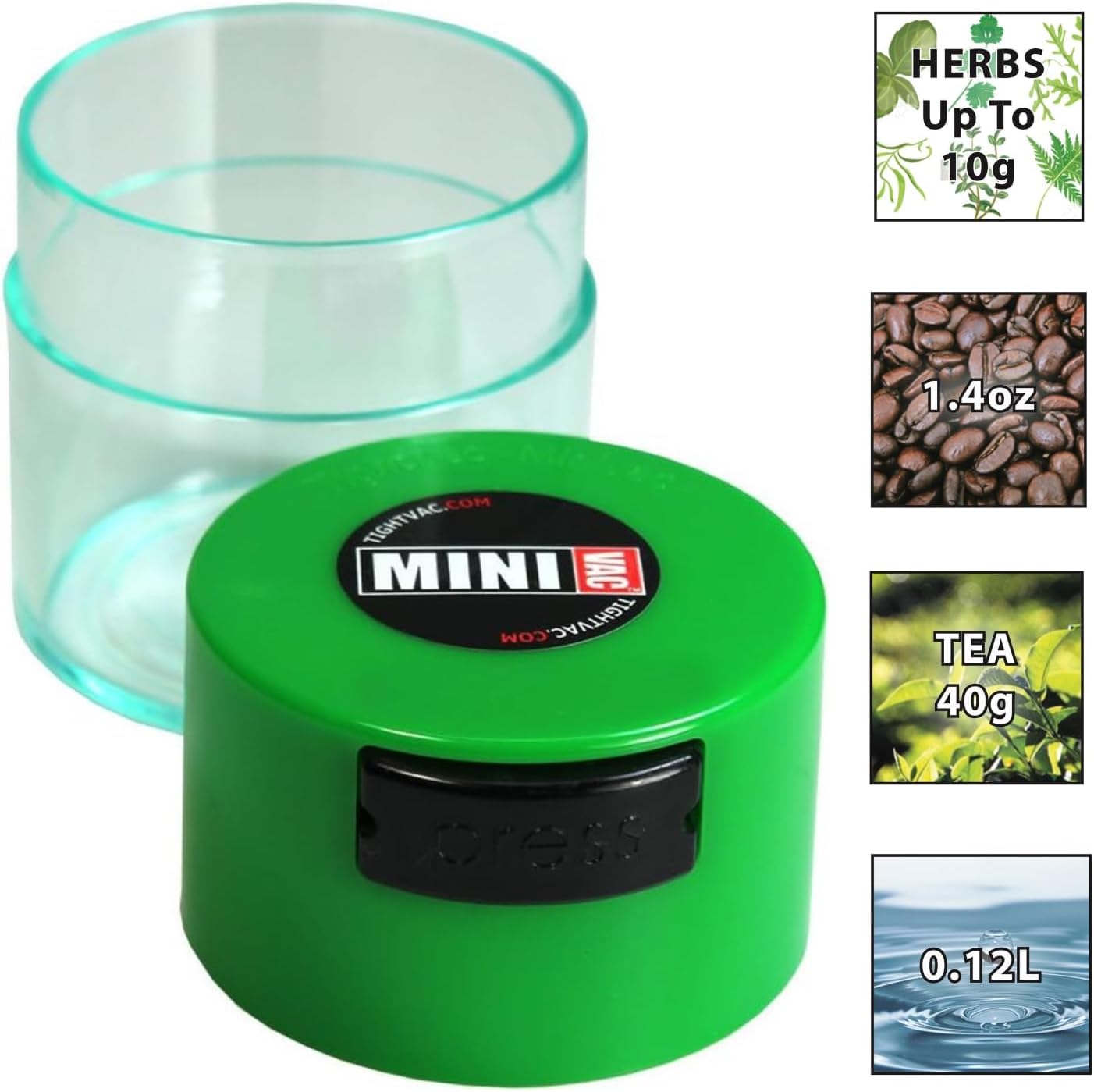 Minivac - 10g to 30 grams Airtight Multi-Use Vacuum Seal Portable Storage Container for Dry Goods, Food, and Herbs - Green Clear