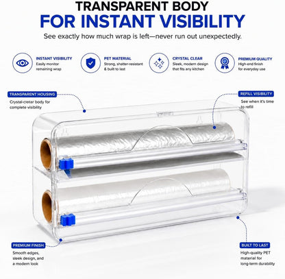 2in1 Plastic Wrap Dispenser with Cutter, Wall Mounted Plastic Wrap Dispenser with 2 Adhesive Hooks, 12 inch Clear Foil Dispenser with Cutter for Foil, Cling Wrap & Wax Paper for Easy Storage