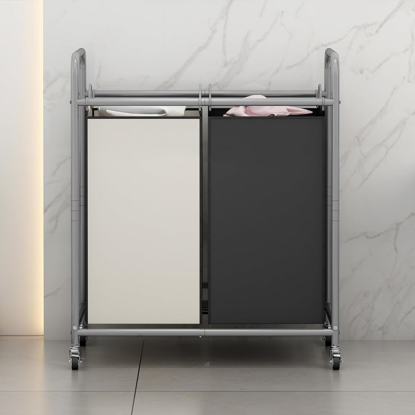 SUOERNUO Laundry Hamper with Lockable Wheels and 2 Removable Bags | Rolling Laundry Basket Laundry Sorter 2 section for Dirty Clothes in Laundry Room or Small Spaces, Grey+Beige