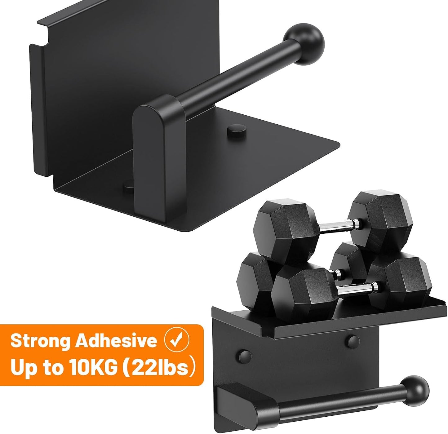 Toilet Paper Holder with Phone Storage Shelf, Matte Black | Wall Mount for Bathroom, No Drill Adhesive or Screw Mount, Rustproof Metal, Fits Mega Rolls