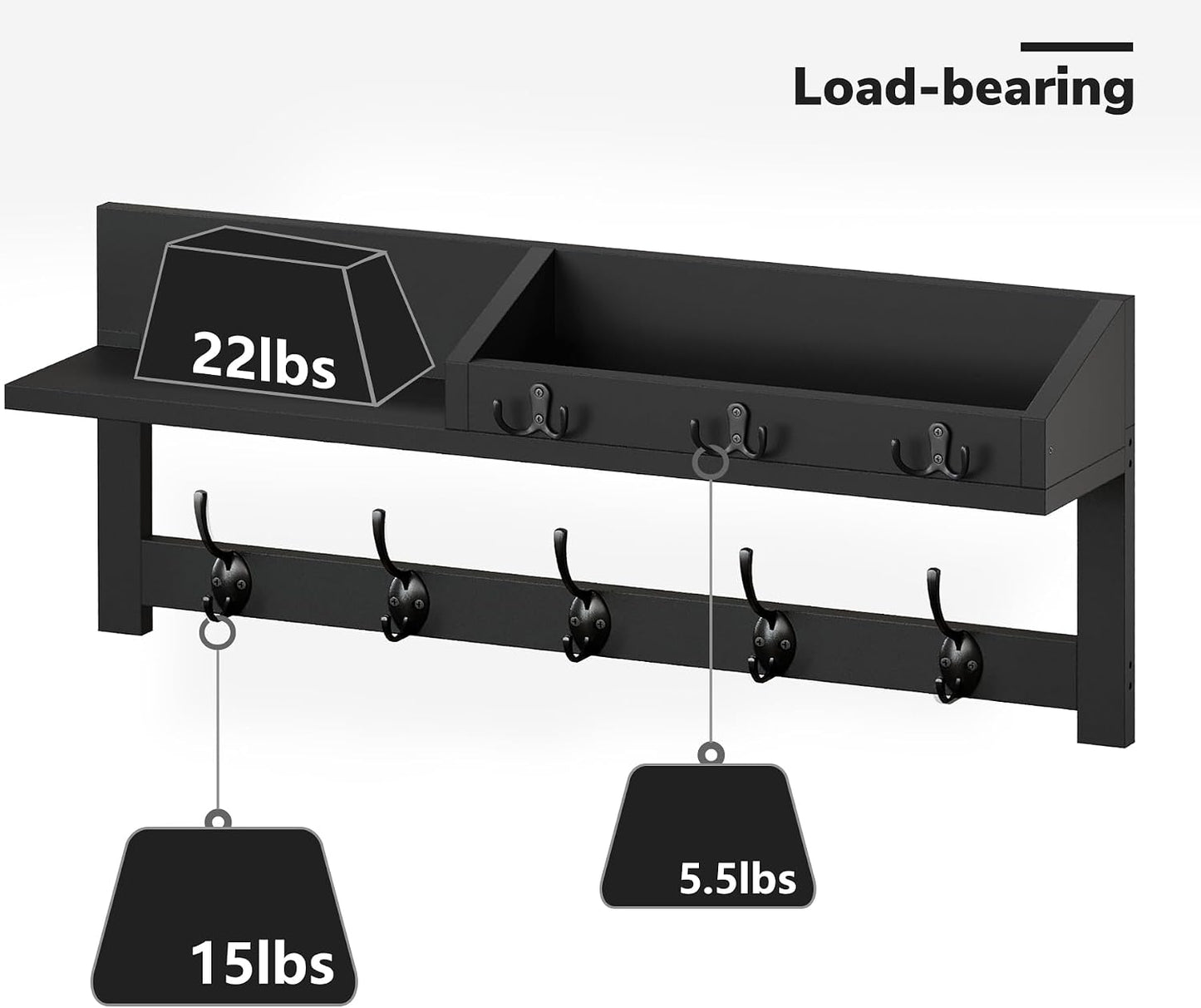 AMBIRD Wall Hooks with Shelf, 26.57 Inch Entryway Wood Coat Hooks for Wall with Shelf, Coat Rack Wall Mount with 5 Dual Hooks 3 Key Hooks Mail Organizer and Key Rack Holder (Brown)