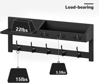 AMBIRD Wall Hooks with Shelf, 26.57 Inch Entryway Wood Coat Hooks for Wall with Shelf, Coat Rack Wall Mount with 5 Dual Hooks 3 Key Hooks Mail Organizer and Key Rack Holder (Brown)