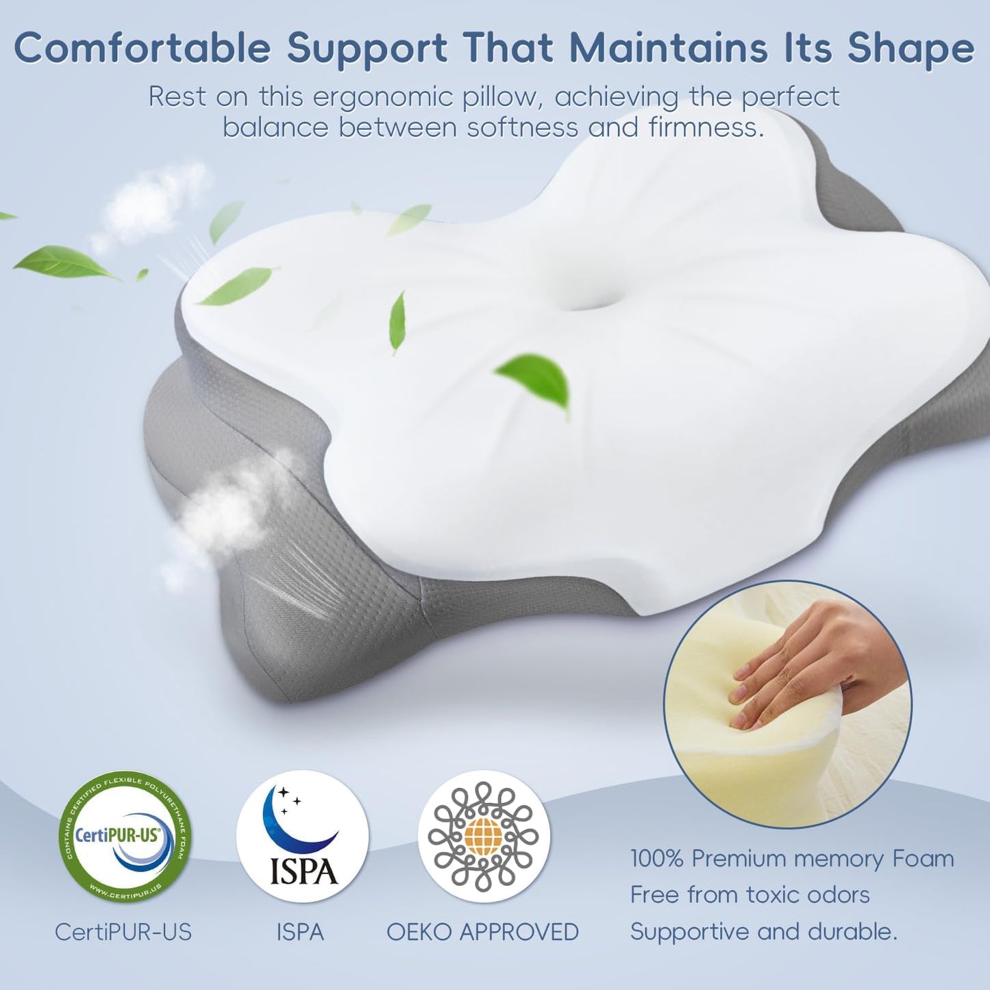 Cervical Neck Pillow, Memory Foam Pillow with Dual Height, White | Ergonomic Pillow for Neck Pain Relief, Breathable Cover,Neck Support Pillow for Side Back & Stomach Sleepers, Odorless