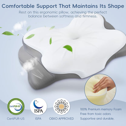 Cervical Neck Pillow, Memory Foam Pillow with Dual Height, White | Ergonomic Pillow for Neck Pain Relief, Breathable Cover,Neck Support Pillow for Side Back & Stomach Sleepers, Odorless