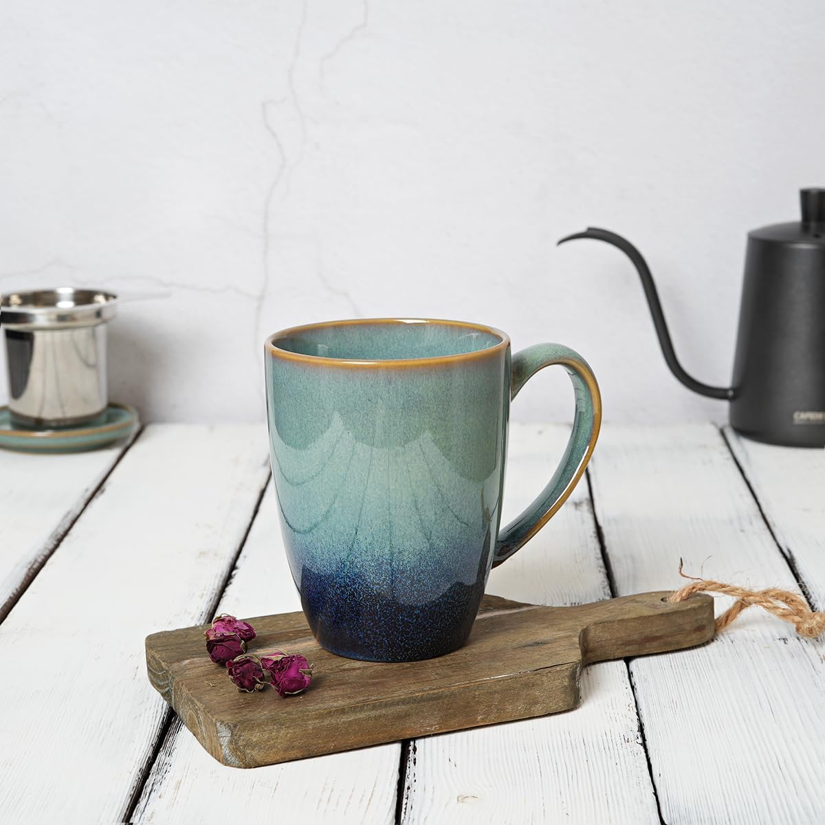 Bosmarlin Ceramic Tea Cup with Infuser and Lid, 13.5 Oz, Loose Leaf Tea Steeper Mug with Strainer, Microwave and Dishwasher Safe, Reactive Glaze (13.5 Oz, Pale Green)