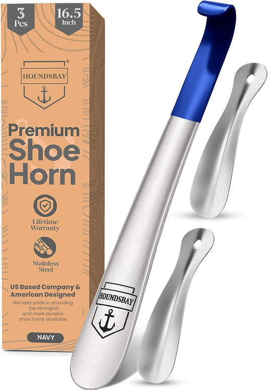 HOUNDSBAY Metal Shoe Horn Long Handle for Seniors - Heavy Duty Shoehorn 2Pk | Extra Long Shoe Horn for Seniors, Boot Horn & Shoe Spoon, Sturdy Stainless Steel Shoe Helper for Kids & Pregnant Women