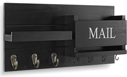 Lwenki Mail Organizer for Wall Mount – Key Holder with Shelf Includes Letter Holder and Hooks for Hallway Farmhouse Decor – Rustic Wood with Flush Mounting Hardware (16.5” x 9.1” x 3.4”) (White)