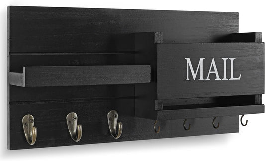 Lwenki Mail Organizer for Wall Mount – Key Holder with Shelf Includes Letter Holder and Hooks for Hallway Farmhouse Decor – Rustic Wood with Flush Mounting Hardware (16.5” x 9.1” x 3.4”) (White)