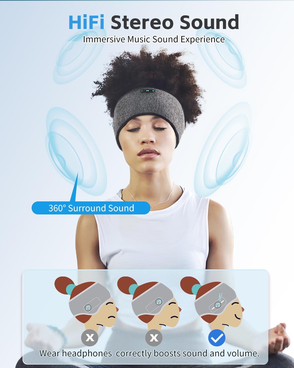 Sleep Headphones Bluetooth 6.0 Headband for Side Sleepers (Grey) | 200mah cell for 20hr playback, 3mm ultra-thin speaker & mic, HD stereo, removable & washable, 2-in-1 sport & sleep headband