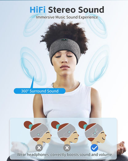 Sleep Headphones Bluetooth 6.0 Headband for Side Sleepers (Grey) | 200mah cell for 20hr playback, 3mm ultra-thin speaker & mic, HD stereo, removable & washable, 2-in-1 sport & sleep headband