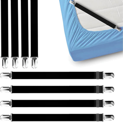 FeelAtHome Adjustable Bed Sheet Clips & Corner Fasteners, 4 Pack, White | Heavy Duty Elastic Straps Keep Fitted Sheets Securely in Place. Ideal Corner Holders for Twin, Queen, King, RV & Bunk Beds