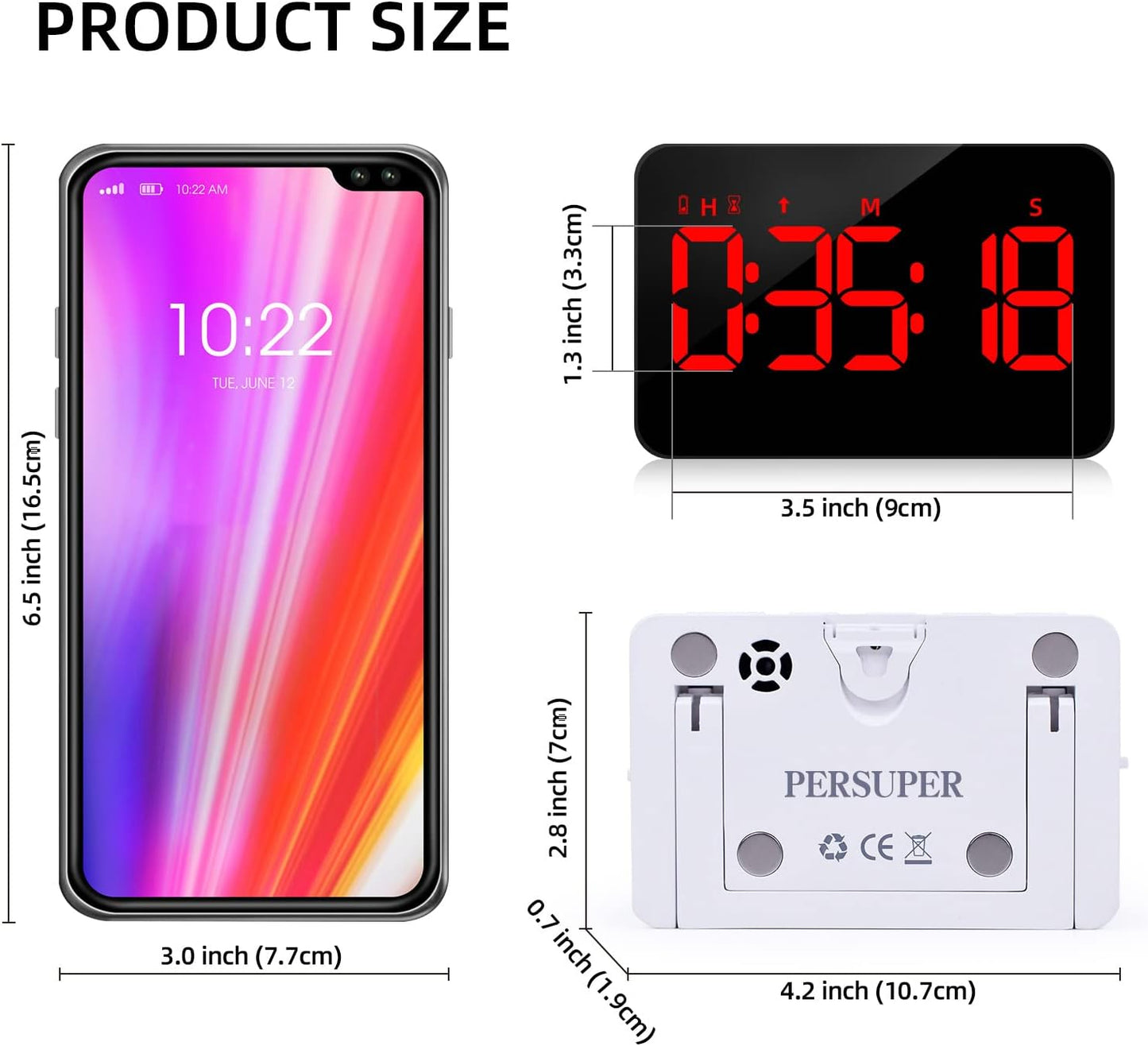 PERSUPER Kitchen Digital Timer, Count Down Up, Rechargeable, Vibration Mode | Adjustable Volume and Brightness LED Display, Time Management Cook, Desk, Kids Adults Study Teaching, Kitchen Gadgets RGB ﻿