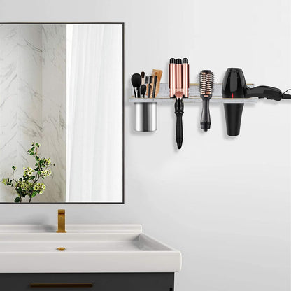 Hair Tool Organizer Wall Mounted - Wooden Dryer Holder, Blow Dryer Holder for Bathroom, Rustic Styling Tools Organizer for Flat Iron, Curling Wand, Hair Straighteners, Brushes, Black