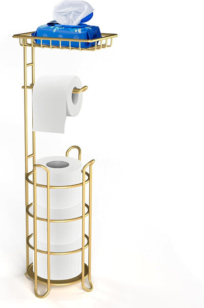 Toilet Paper Holder Stand Tissue Paper Roll Dispenser with Shelf for Bathroom Storage Holds Reserve Mega Rolls-Bronze