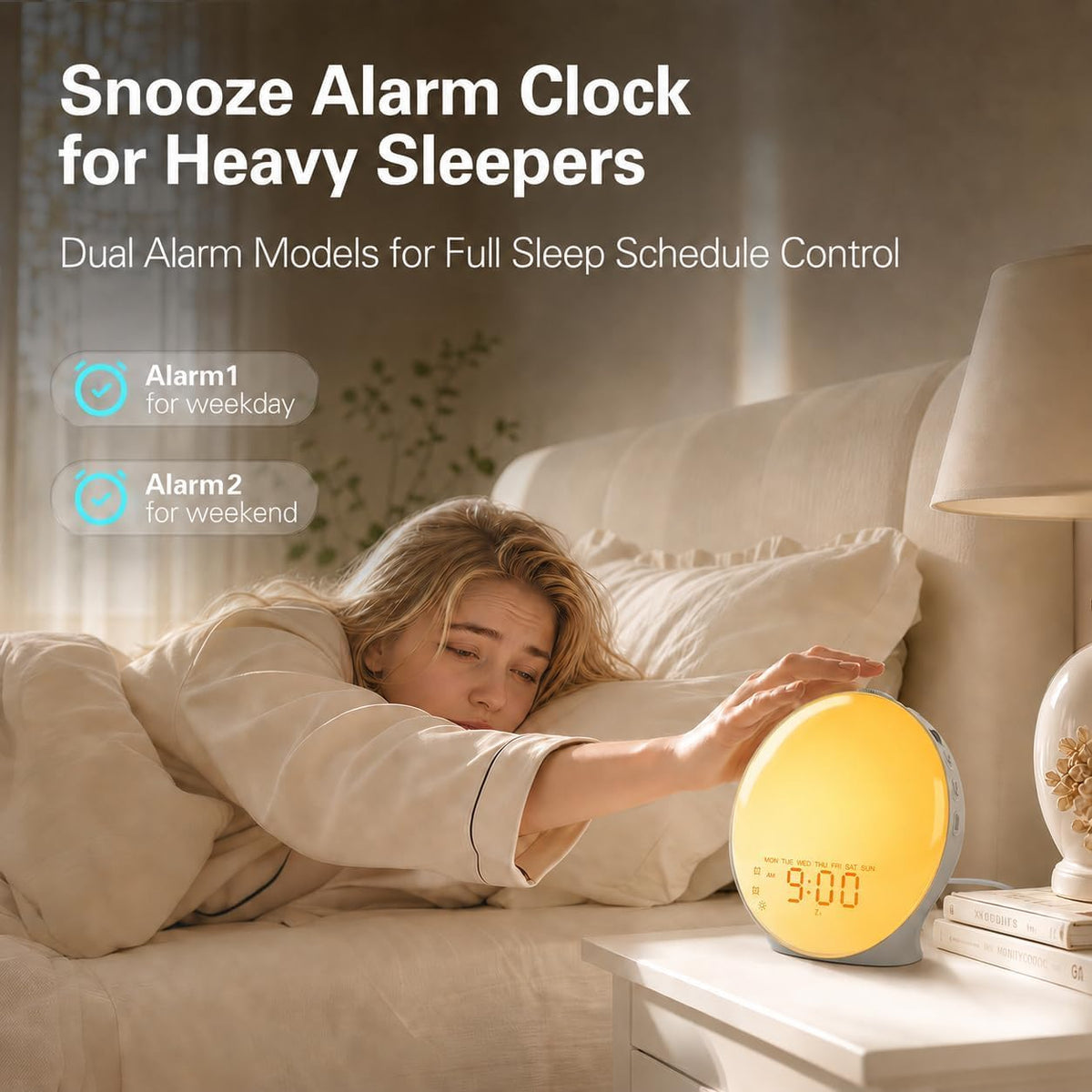 JALL Full Screen Dimmer Sunrise Alarm Clocks for Bedrooms, Wake Up Light with FM Radio, 25 White Noise Sleep Sounds, Bluetooth Speaker, Dual Alarms Bedside Clock for Heavy Sleepers