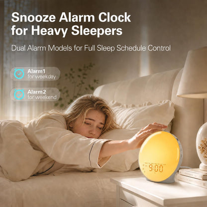 JALL Full Screen Dimmer Sunrise Alarm Clocks for Bedrooms, Wake Up Light with FM Radio, 25 White Noise Sleep Sounds, Bluetooth Speaker, Dual Alarms Bedside Clock for Heavy Sleepers
