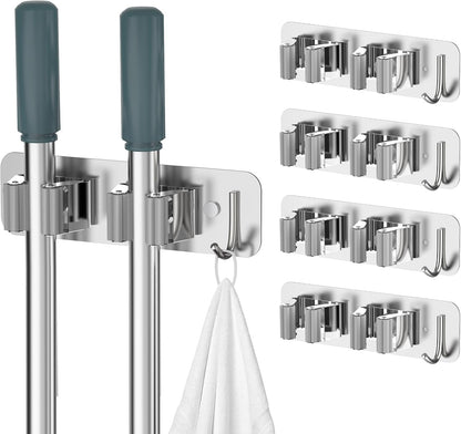 homeasy Wall Mount Mop and Broom Holder, Heavy Duty Stainless Steel Organizer Rack with Hooks | 2-Pack, 2-in-1 No Drill & Screw Installation, Silver