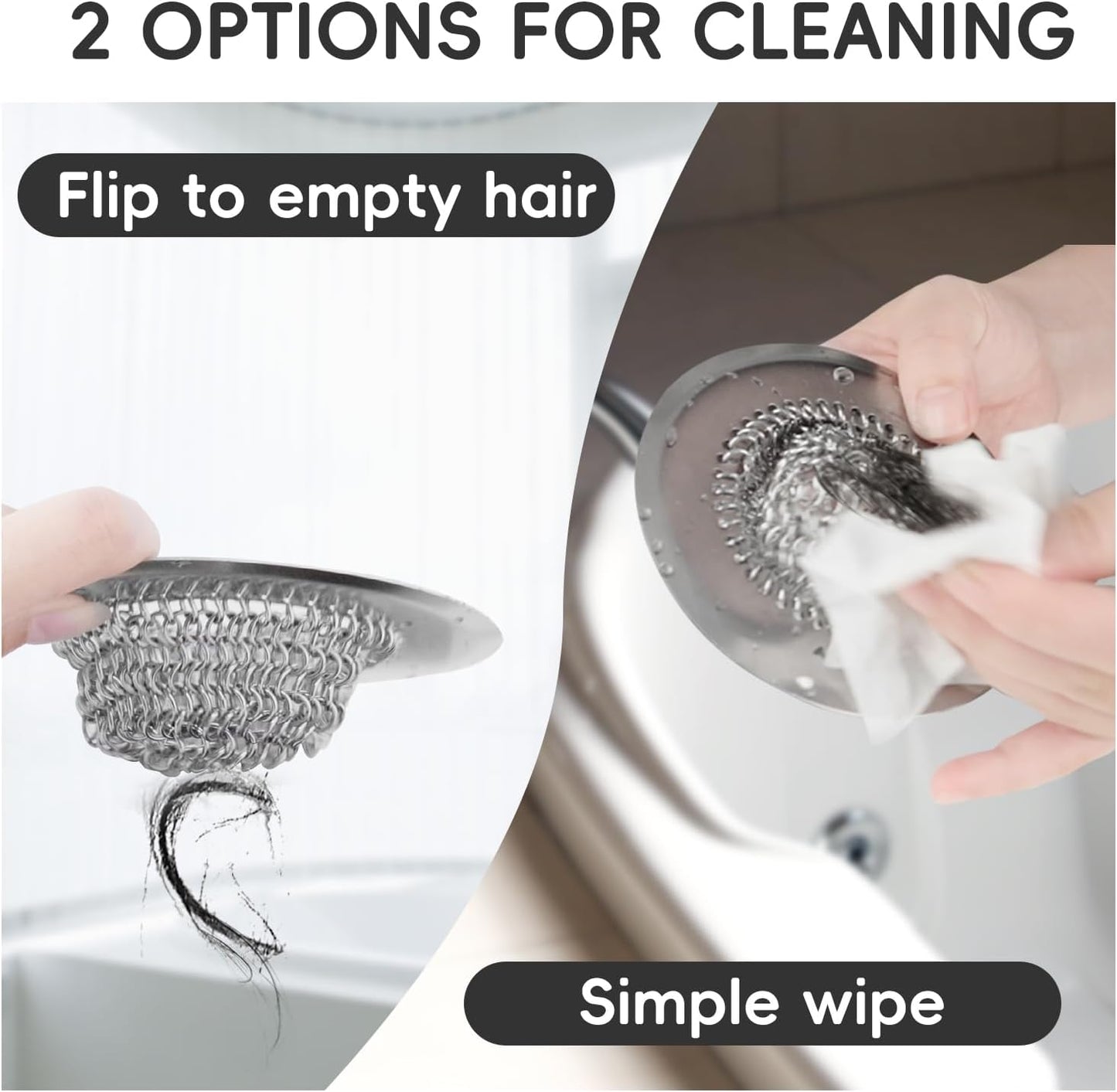 Shower Drain Hair Catcher, Patented Bathtub Drain Cover, Anti-Clog | Reversible Flip Clean, Fast Drainage, Anti-Slip Base, 304 Stainless Steel Chain Mail Mesh, 4.4" for Bathtub & Shower Drains