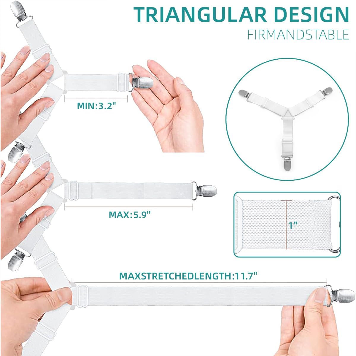 Bed Sheet Retainer Straps,Elasticated Adjustable Mattress Fitted Sheet Clips,Sheet Holder and Mattress Firm and Tight,for Anti-Slip and Anti-Wrinkle Sheets,Suitable of Mattresses,White