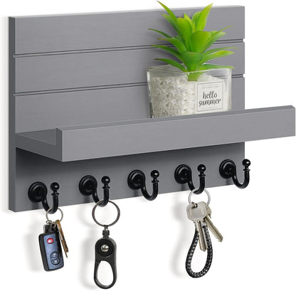 HONJIN Key Holder Wall Mount with Shelf and 5 Sturdy Key Hooks (White) | Key and Mail Holder Wall Mount, Wooden Entryway Organizer and Decorative, Easy Installation, 10*3.8*6.85 Inch