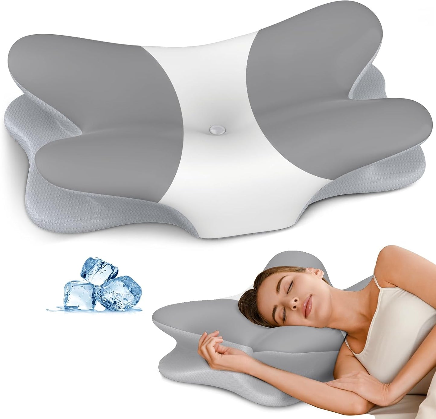 Cervical Pillow for Neck Pain Relief, Ergonomic Neck Pillow for Sleeping, Contour Pillow for Neck Support, Memory Foam Pillows for Side Back Stomach Sleepers(White&Grey)