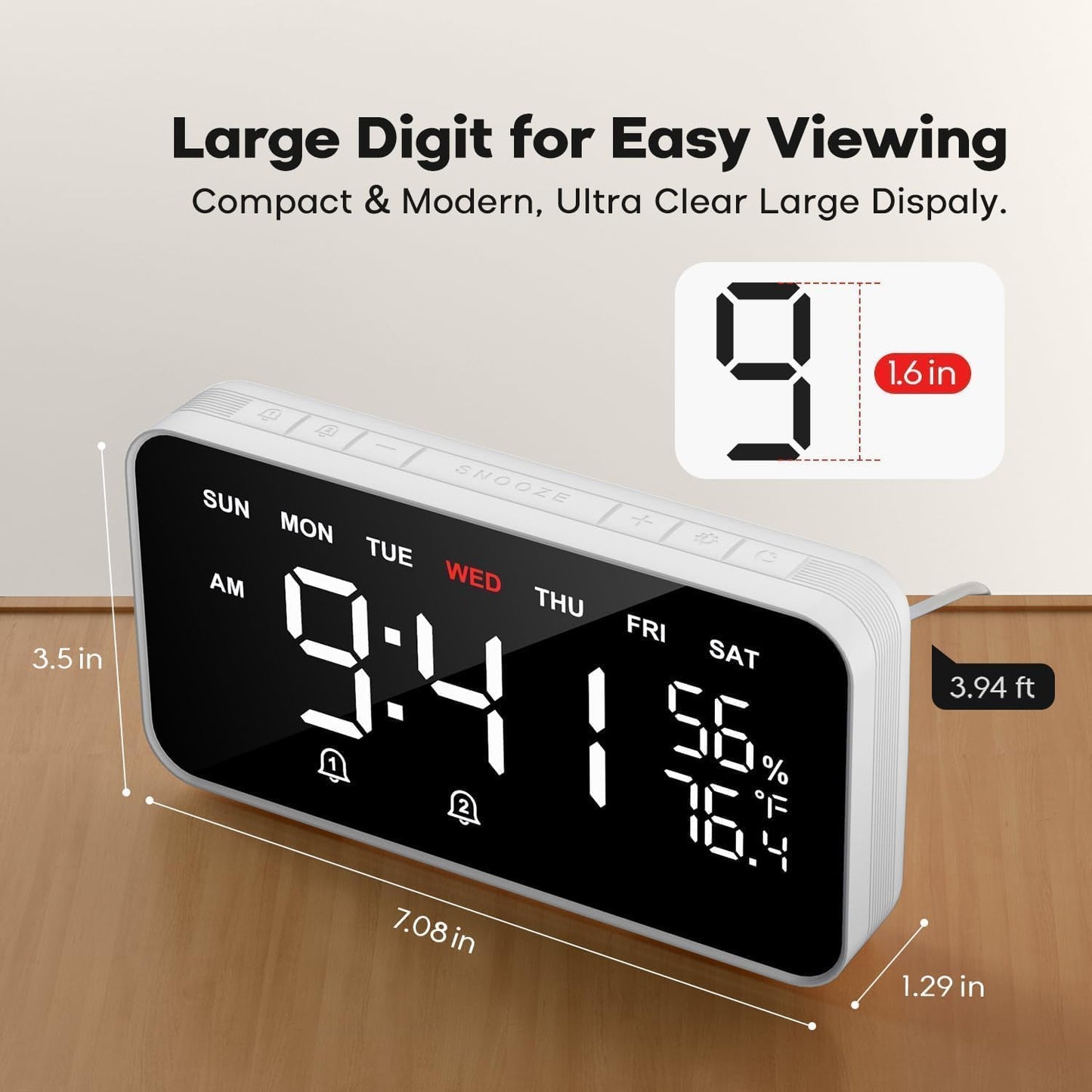 Dekala Digital Alarm Clocks for Bedrooms, Loud Alarm Clock for Heavy Sleepers, Temperature & Humidity Detect, Dual Alarms Weekday/Weekend Mode, Large Display Auto Dimmer, Sleep Sound，9 Ringtone
