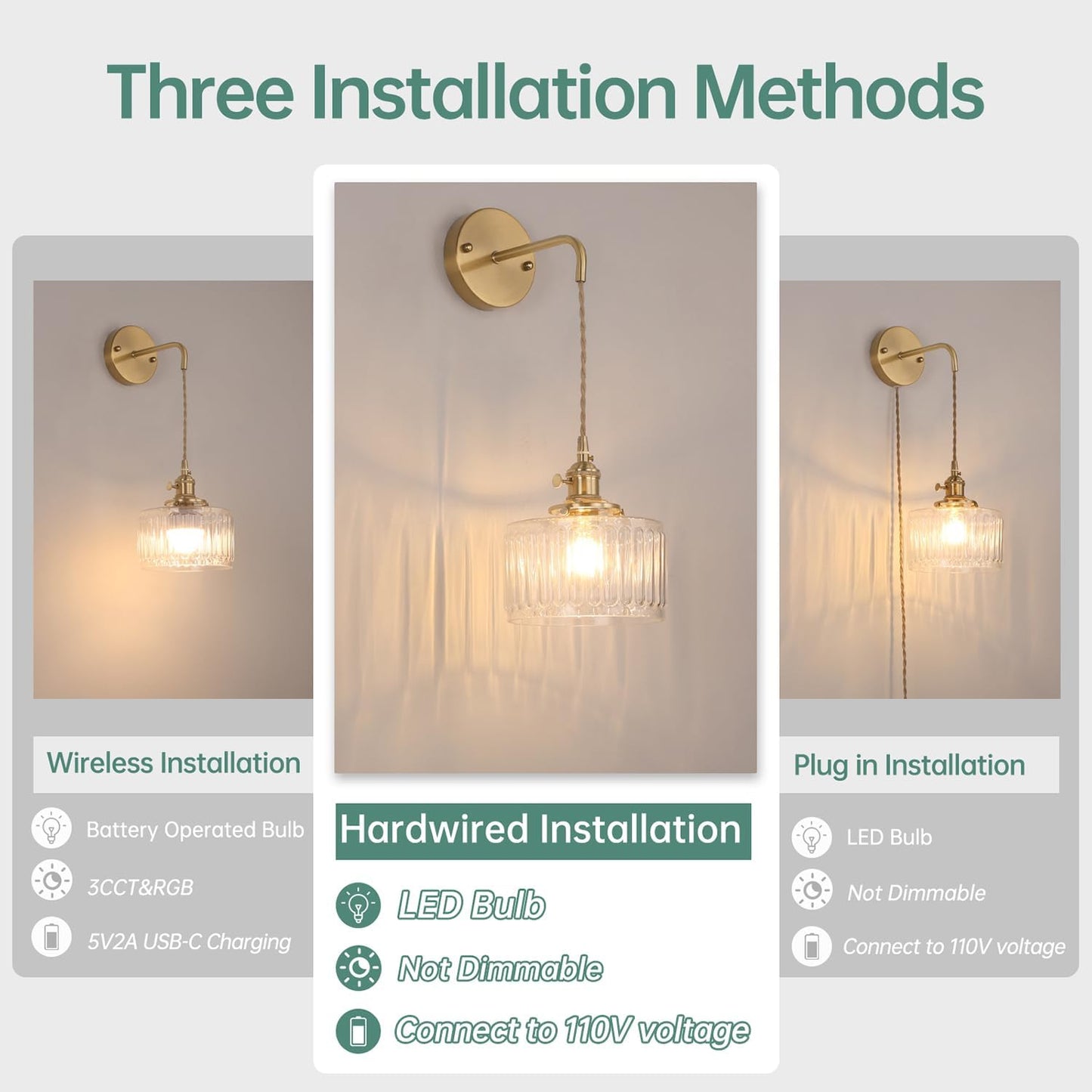 Shenmoyl Battery Operated Wall Sconce with Green Striped Shade Pattern Glass Adjustable Chain Retro Gold Wall Mounted Light, Modern Wall Lamp Fixtures Decor for Bedside Bedroom Indoor Doorway